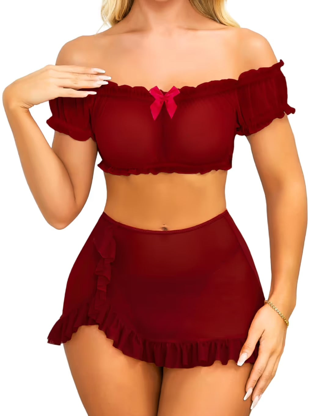 EVELIFE Sexy Babydoll Lingerie Set Off-Shoulder Crop Top & Pleated Cami Set