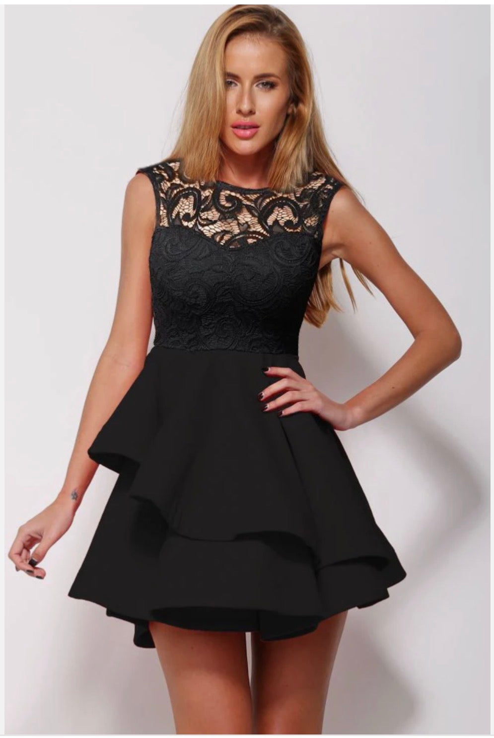 Surella Lace Layered Skater Dress Black Size 8