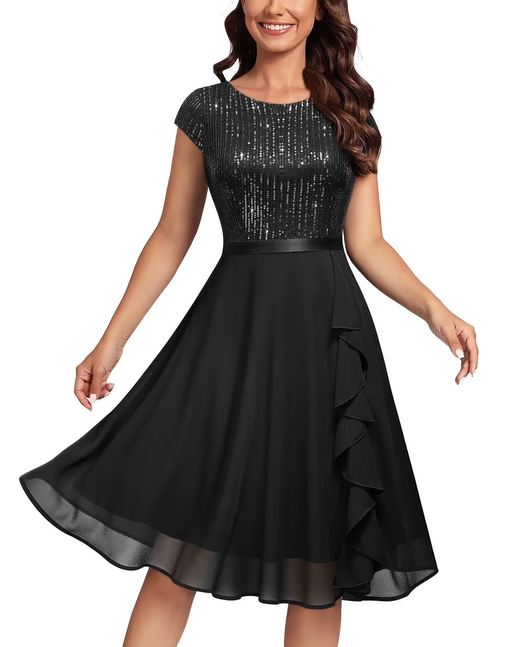 MISS MAY Women's Glitter Sequin Ruffle Swing Dress – Black Small