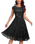 MISS MAY Women's Glitter Sequin Ruffle Swing Dress – Black Small