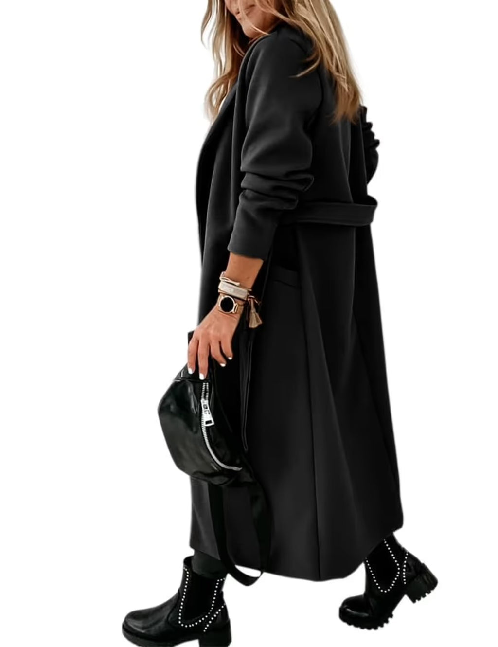 Cicy Bell Women's Notched Lapel Coat Open Front Belted Long Jacket – Black 12