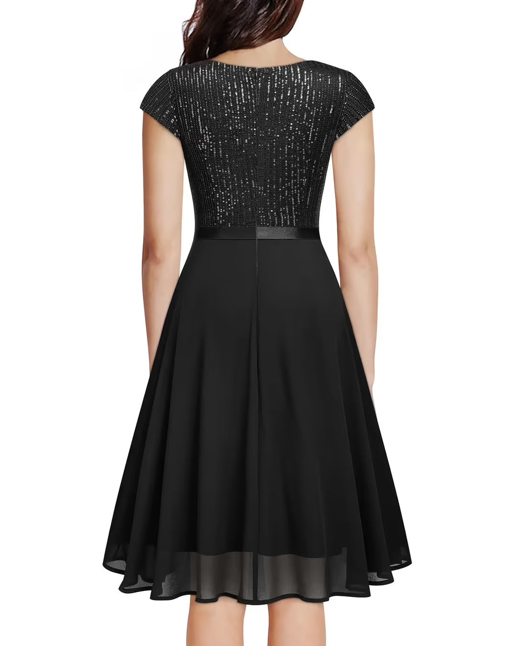 MISS MAY Women's Glitter Sequin Ruffle Swing Dress – Black Small