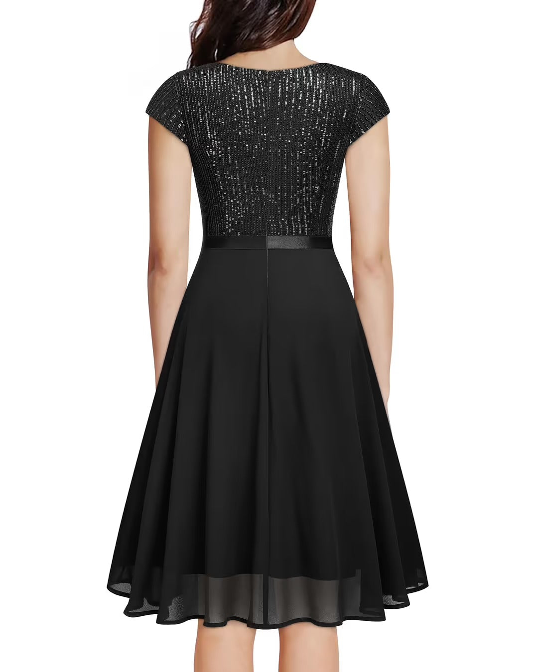 MISS MAY Women's Glitter Sequin Ruffle Swing Dress – Black Small