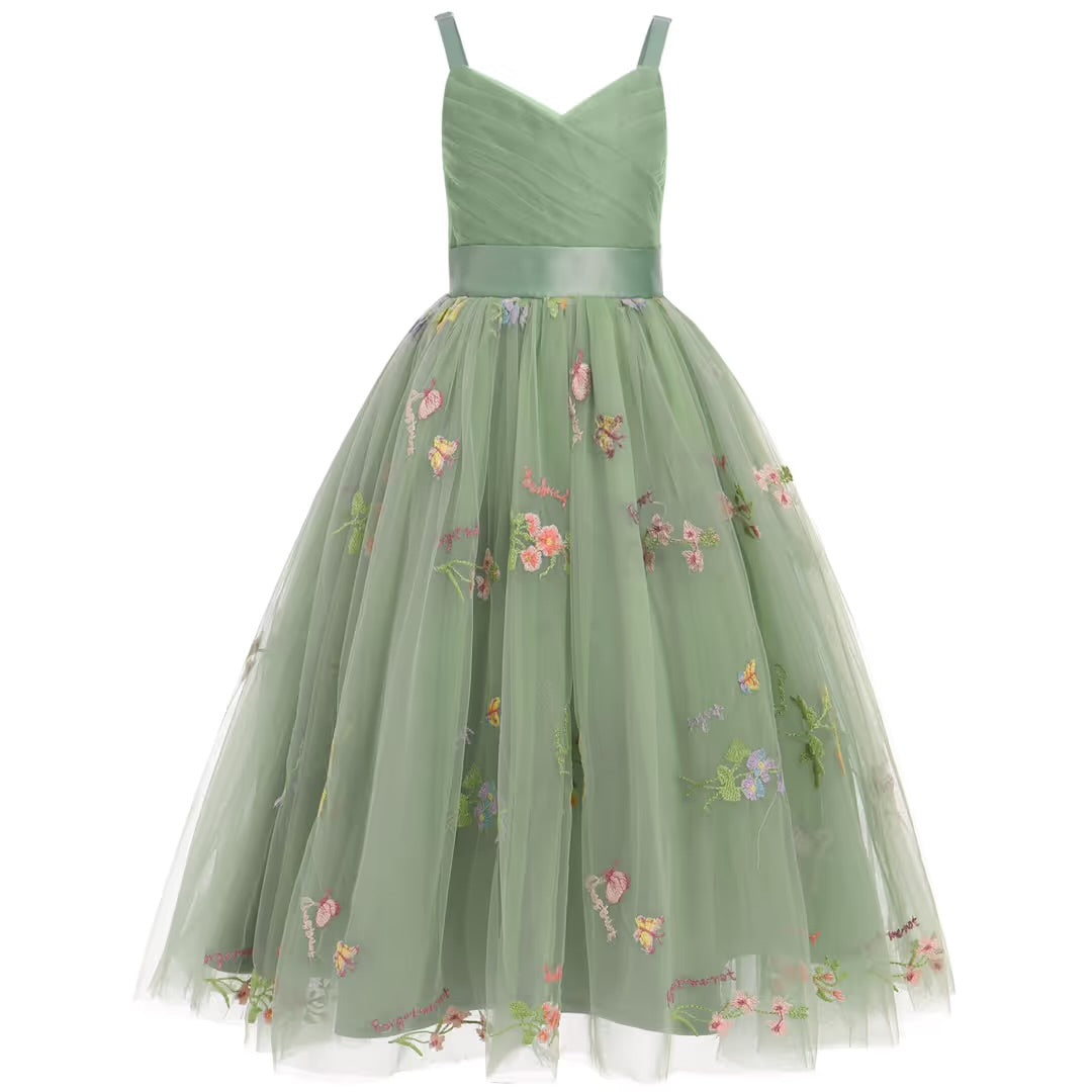 Beautiful pale green floral netted flower girl dress