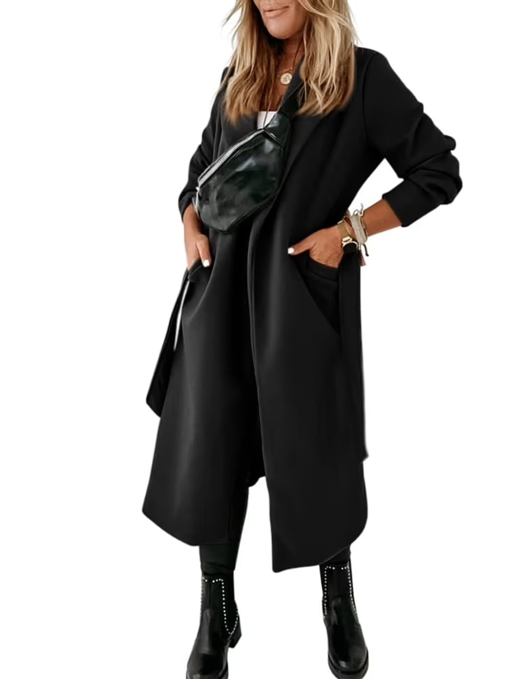 Cicy Bell Women's Notched Lapel Coat Open Front Belted Long Jacket – Black 12