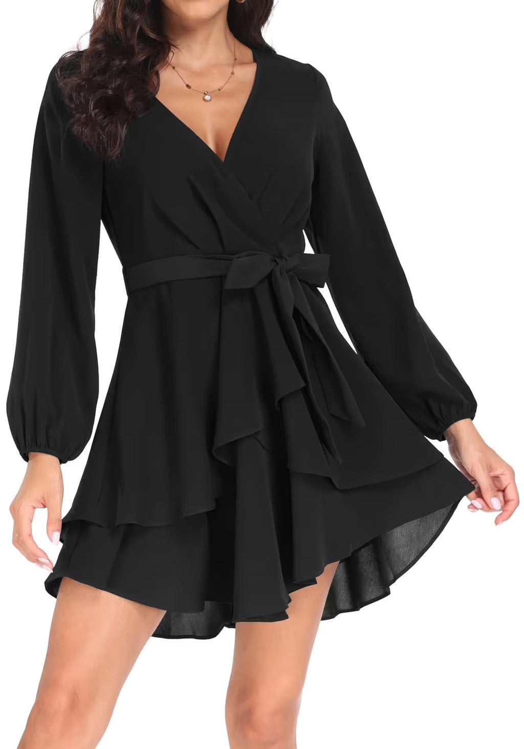 New Empire Cocktail Long Sleeve Deep V-Neck Ruffle Mini Dress XL