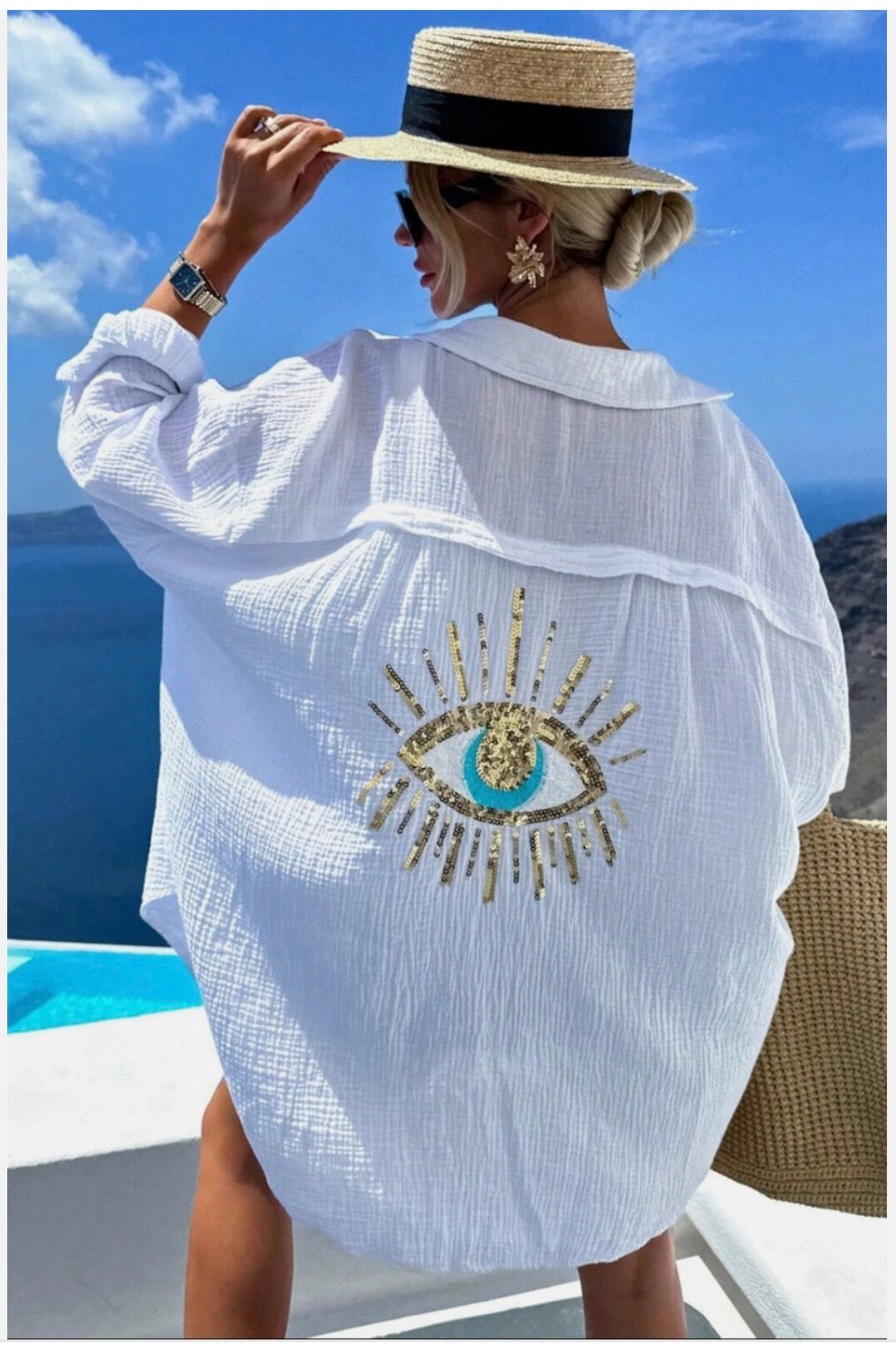 Maxine - Eye Sequin - Oversized Gauze Style Cotton Shirt One size 8-14