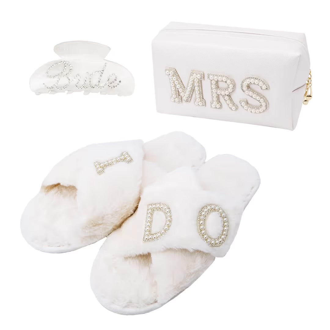 Bride to Be Gift Set Makeup Bag, Slippers, Hair Claw Clip – Wedding Gifts