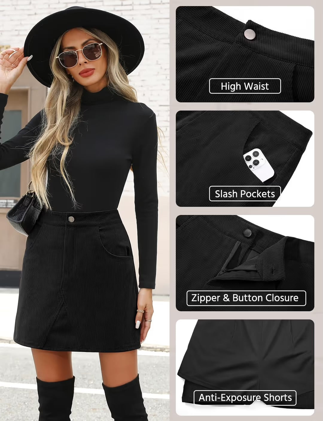 Women's Corduroy Mini Skirt A-Line High Waisted Wrap Skirt – Black 34” waist