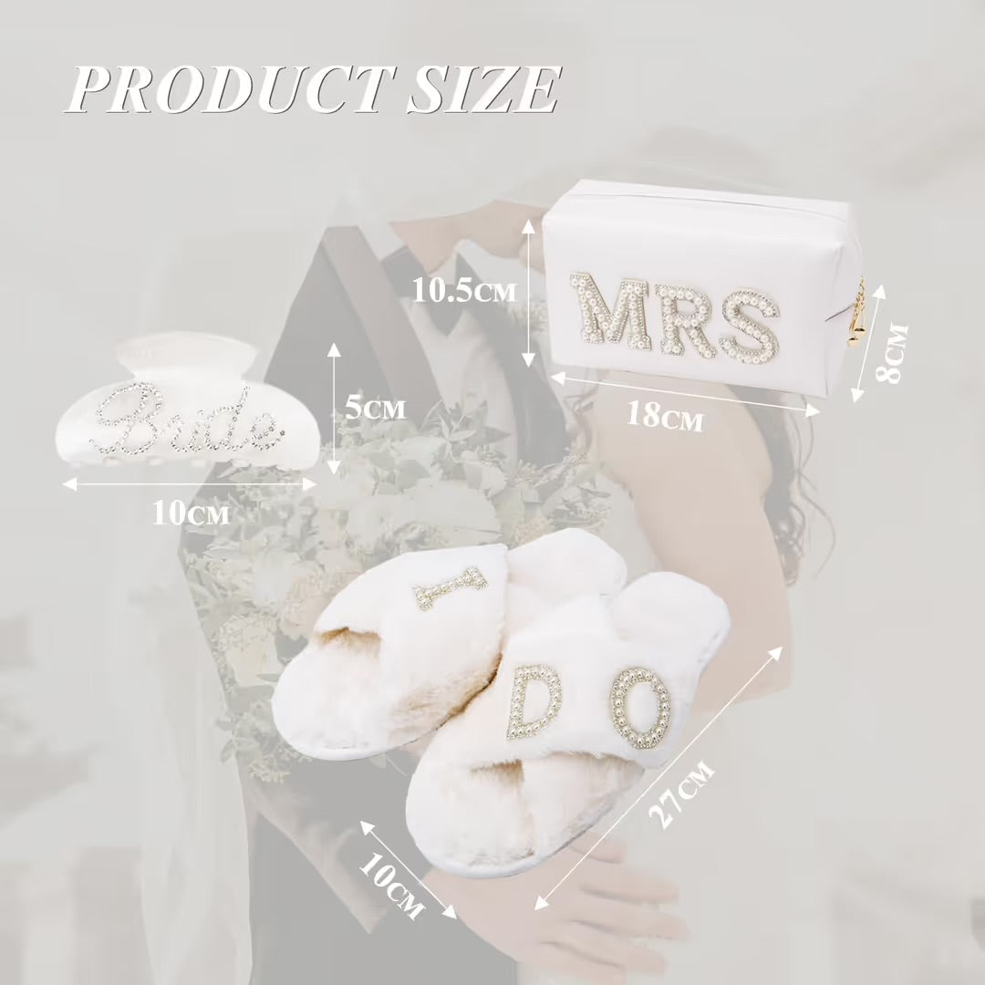 Bride to Be Gift Set Makeup Bag, Slippers, Hair Claw Clip – Wedding Gifts