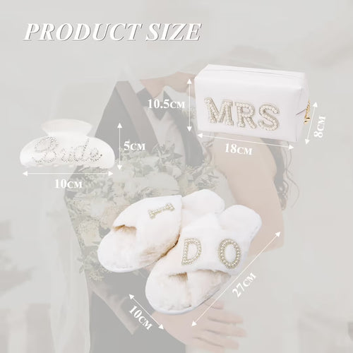 Bride to Be Gift Set Makeup Bag, Slippers, Hair Claw Clip – Wedding Gifts