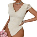 Dark Cream Short Sleeve V Neck Bodysuit Floral Lace