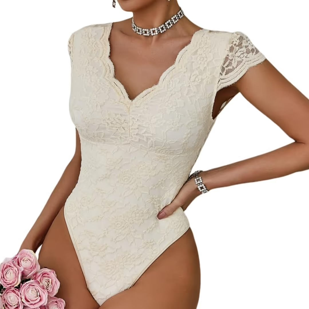 Dark Cream Short Sleeve V Neck Bodysuit Floral Lace