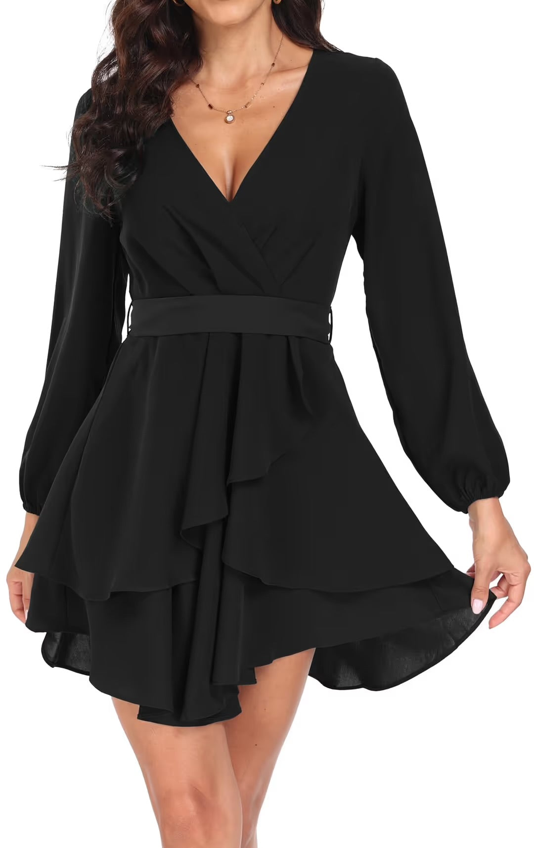New Empire Cocktail Long Sleeve Deep V-Neck Ruffle Mini Dress XL