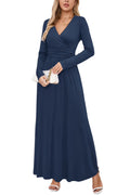 Women's V-Neck Long Sleeve Wrap Maxi Dress with Pockets – Navy 3XL