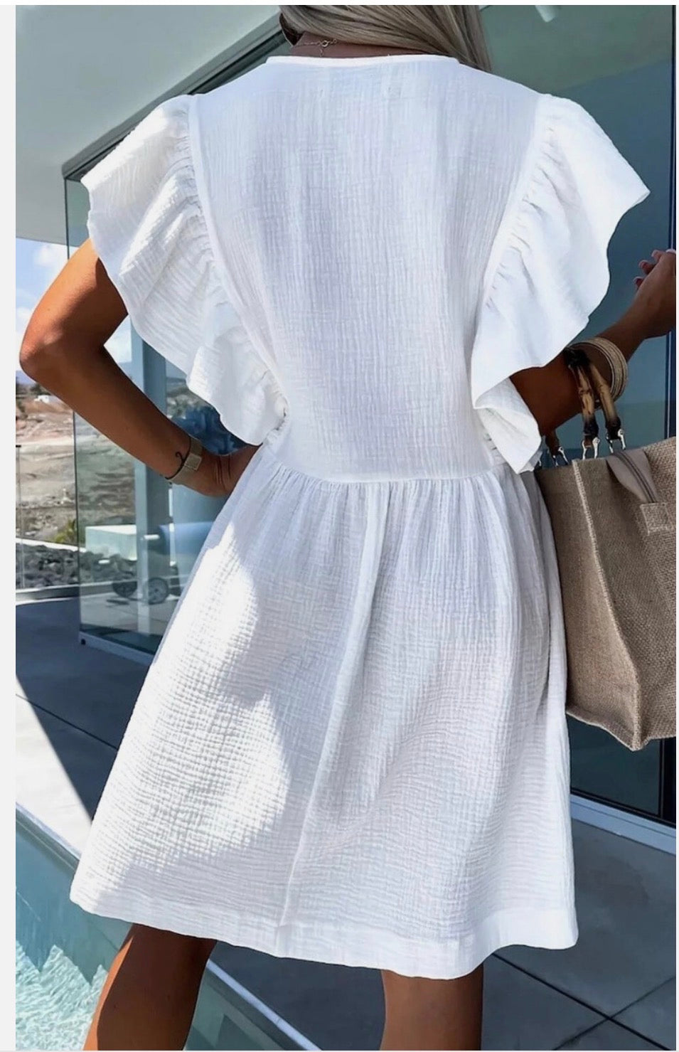 Mindie Ruffle Frill Sleeve Cotton Style Smock Dress  One Size 8-14