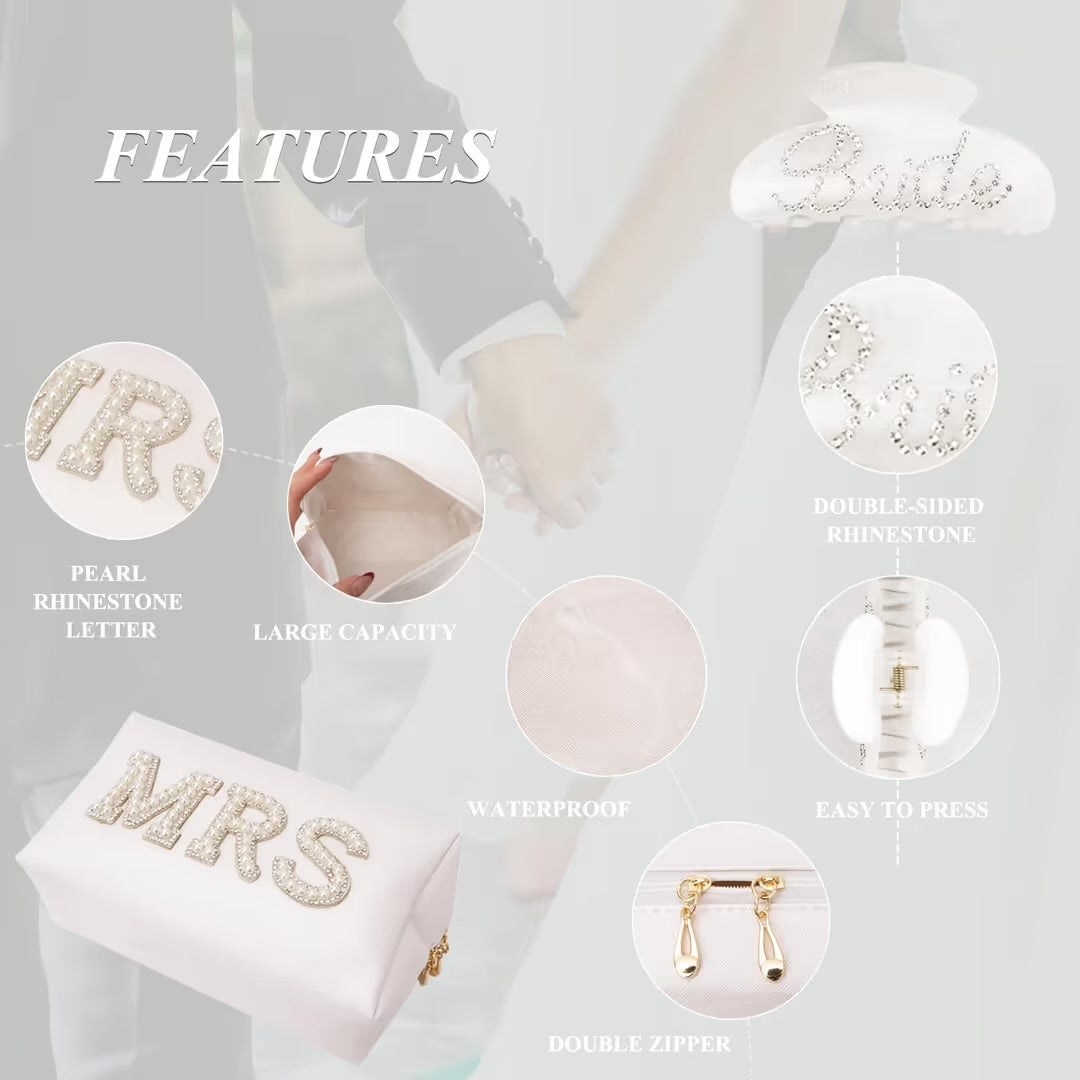 Bride to Be Gift Set Makeup Bag, Slippers, Hair Claw Clip – Wedding Gifts