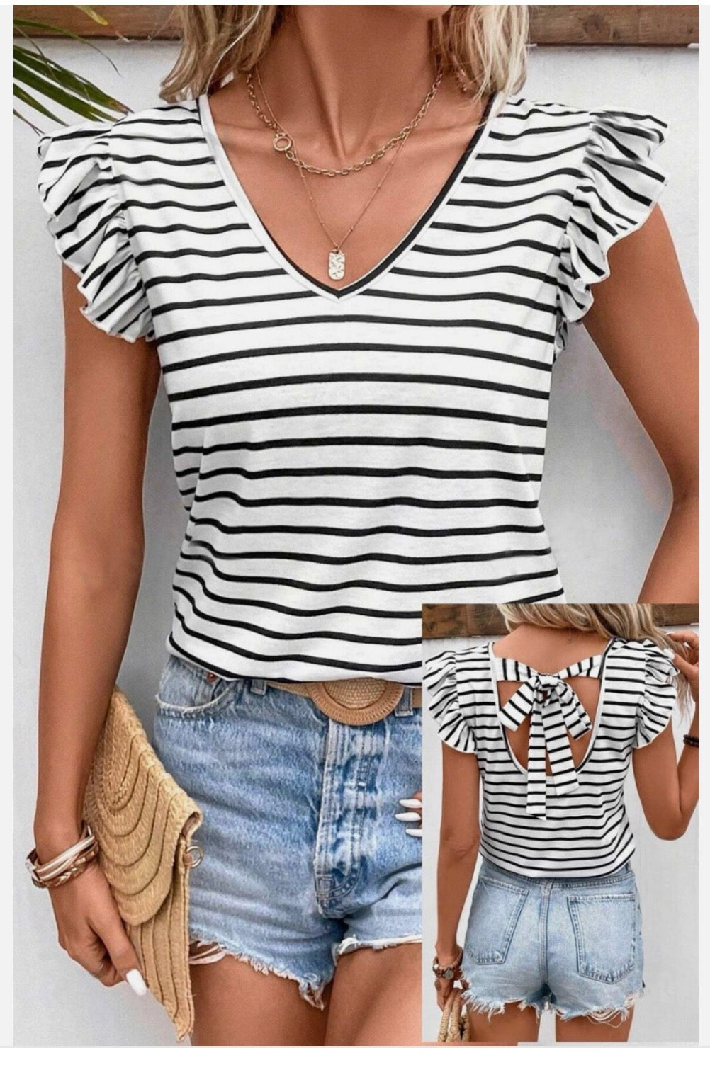 Abigail Striped Bow Tie Up T-Shirt Top