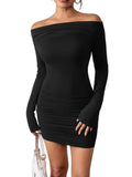 Black Mini Dress Off Shoulder Bodycon Ruched Women's Party Dress S