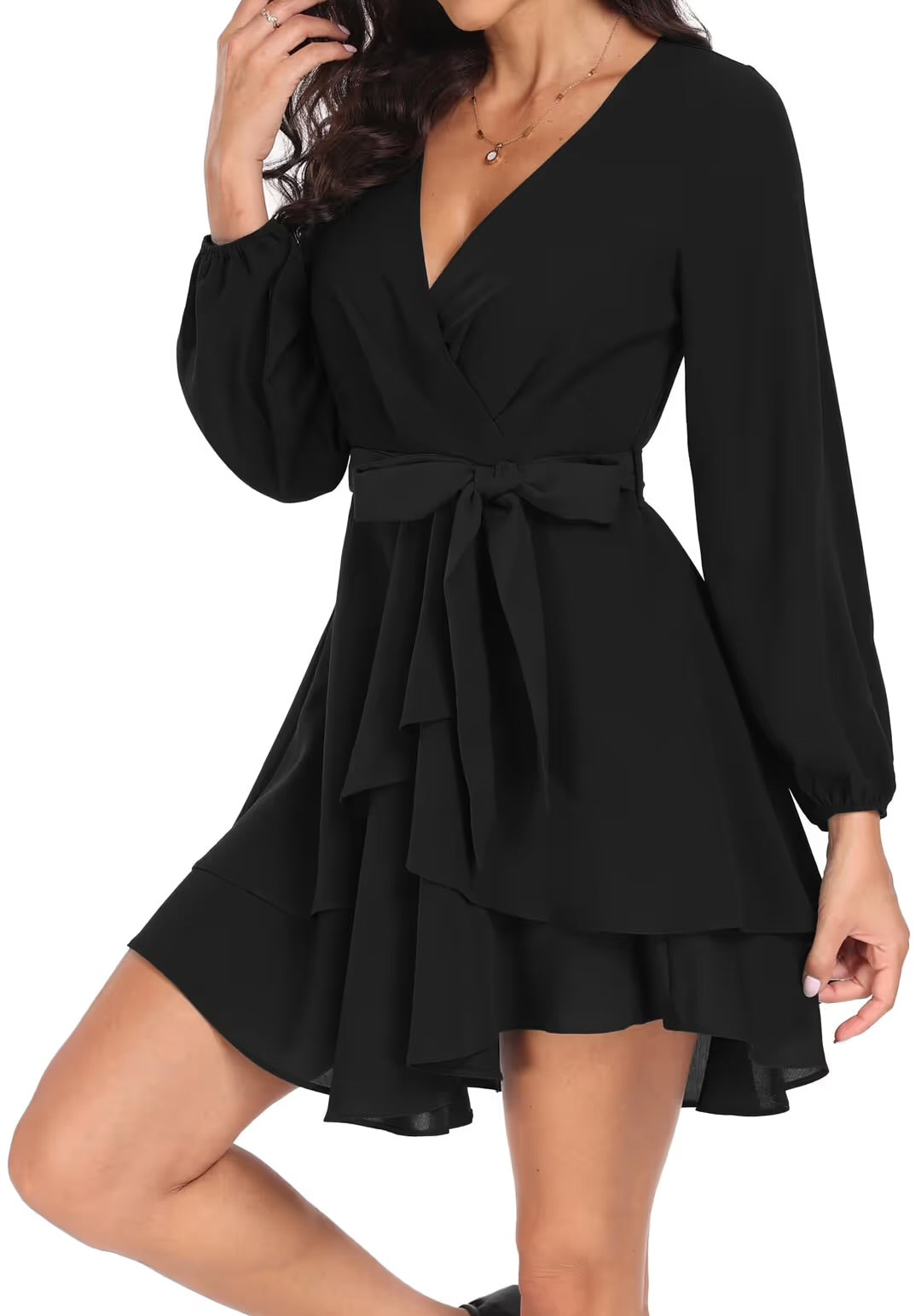 New Empire Cocktail Long Sleeve Deep V-Neck Ruffle Mini Dress XL
