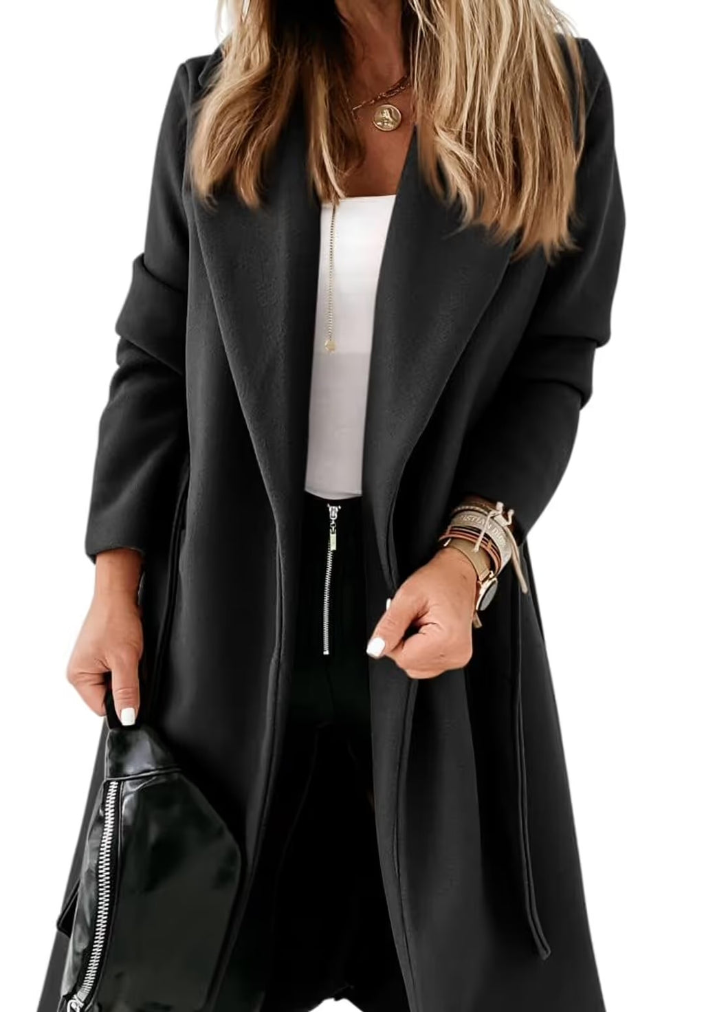 Cicy Bell Women's Notched Lapel Coat Open Front Belted Long Jacket – Black 12