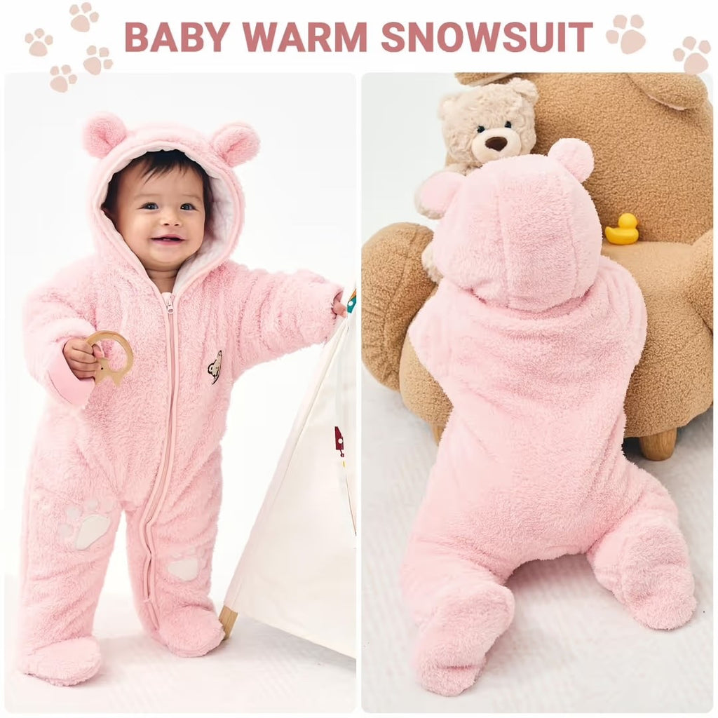 Newborn Hooded Fleece Romper Zipper Footed Snowsuit – Pink 3-6 months