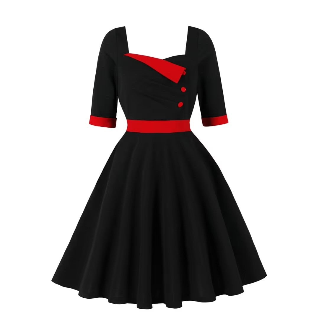 Women's Vintage Party Dress Half Sleeves Square Neck – Black XL