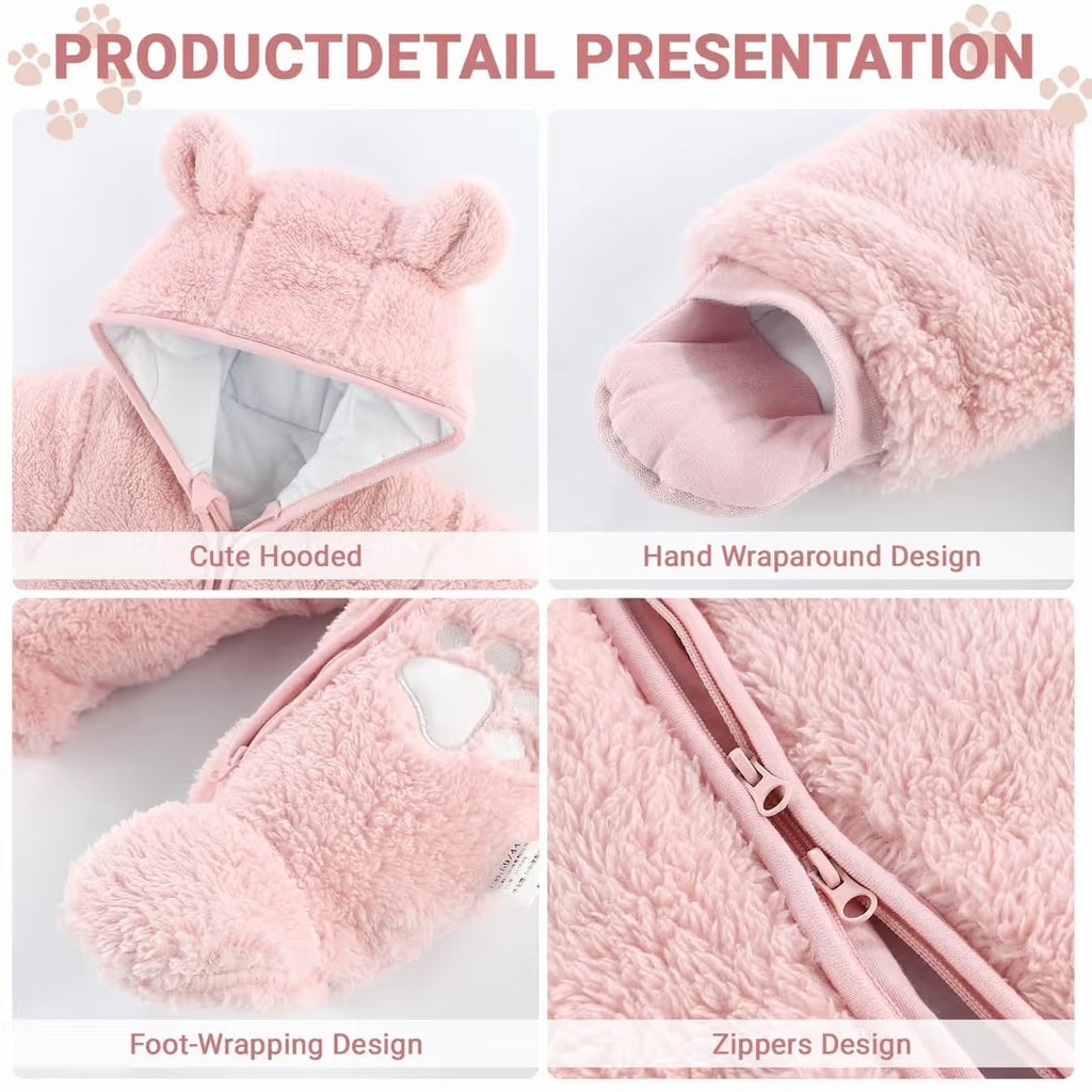 Newborn Hooded Fleece Romper Zipper Footed Snowsuit – Pink 3-6 months