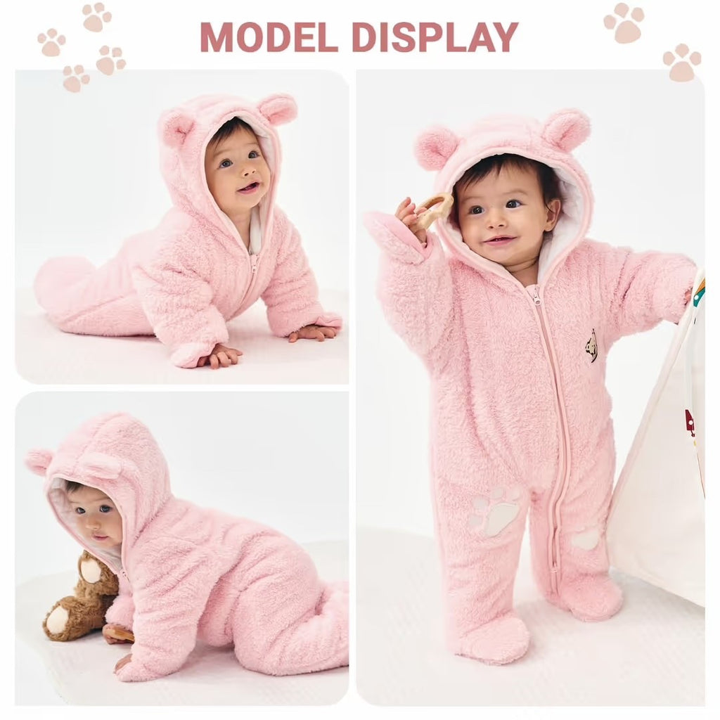 Newborn Hooded Fleece Romper Zipper Footed Snowsuit – Pink 3-6 months
