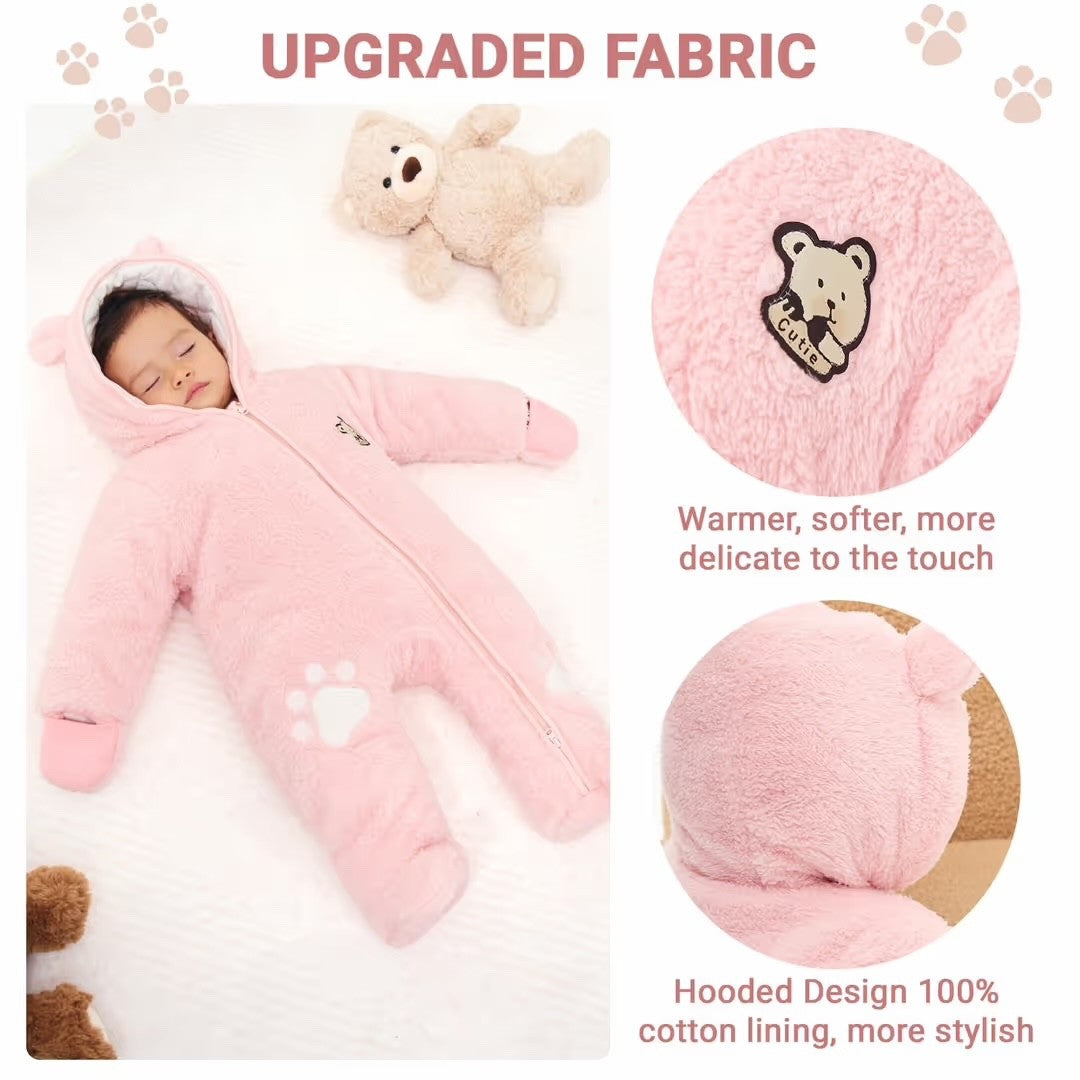 Newborn Hooded Fleece Romper Zipper Footed Snowsuit – Pink 3-6 months
