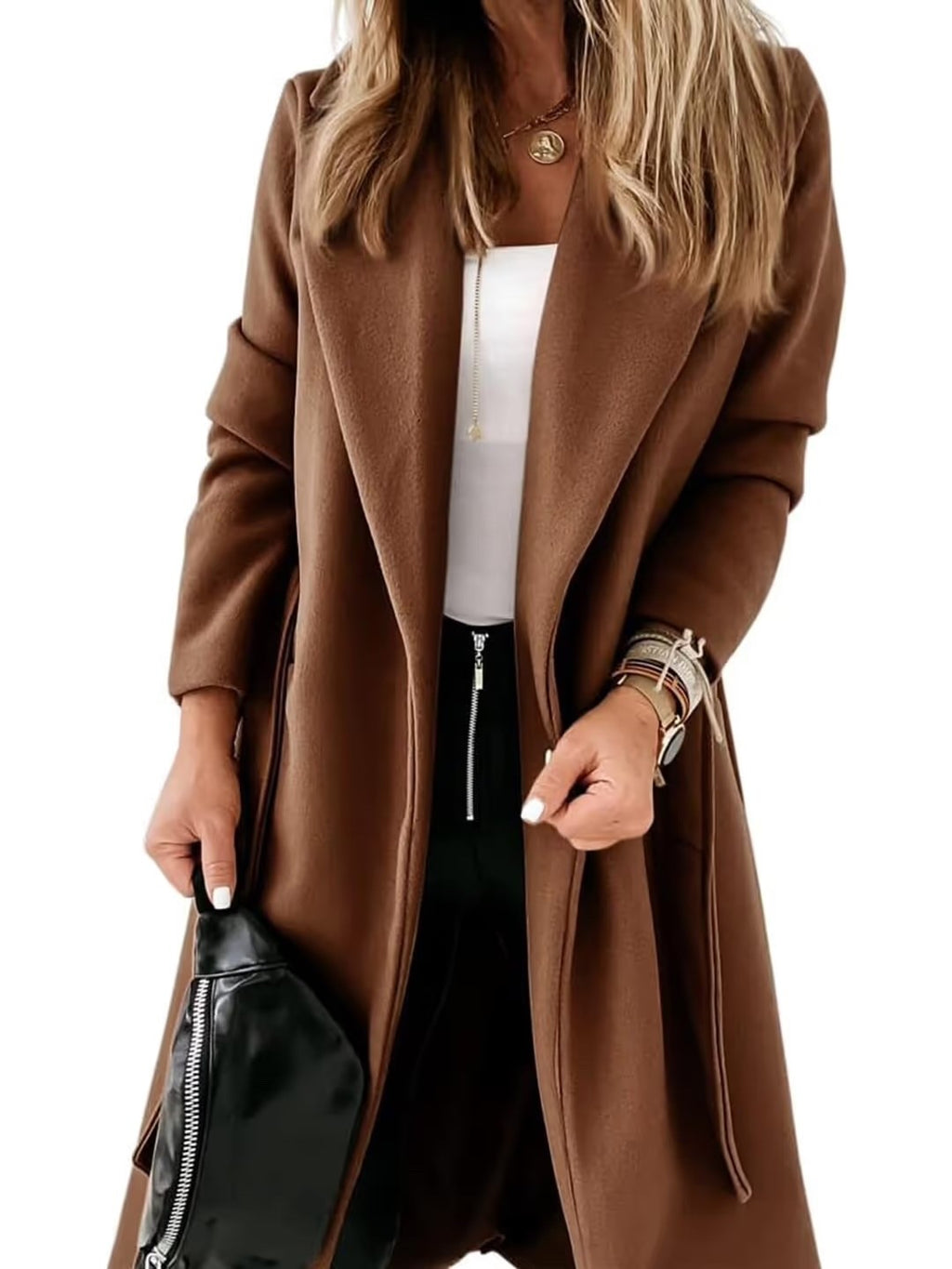 Cicy Bell Women's Notched Lapel Belted Long Coat Open Front Coffee Size 12