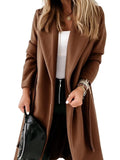 Cicy Bell Women's Notched Lapel Belted Long Coat Open Front Coffee Size 12