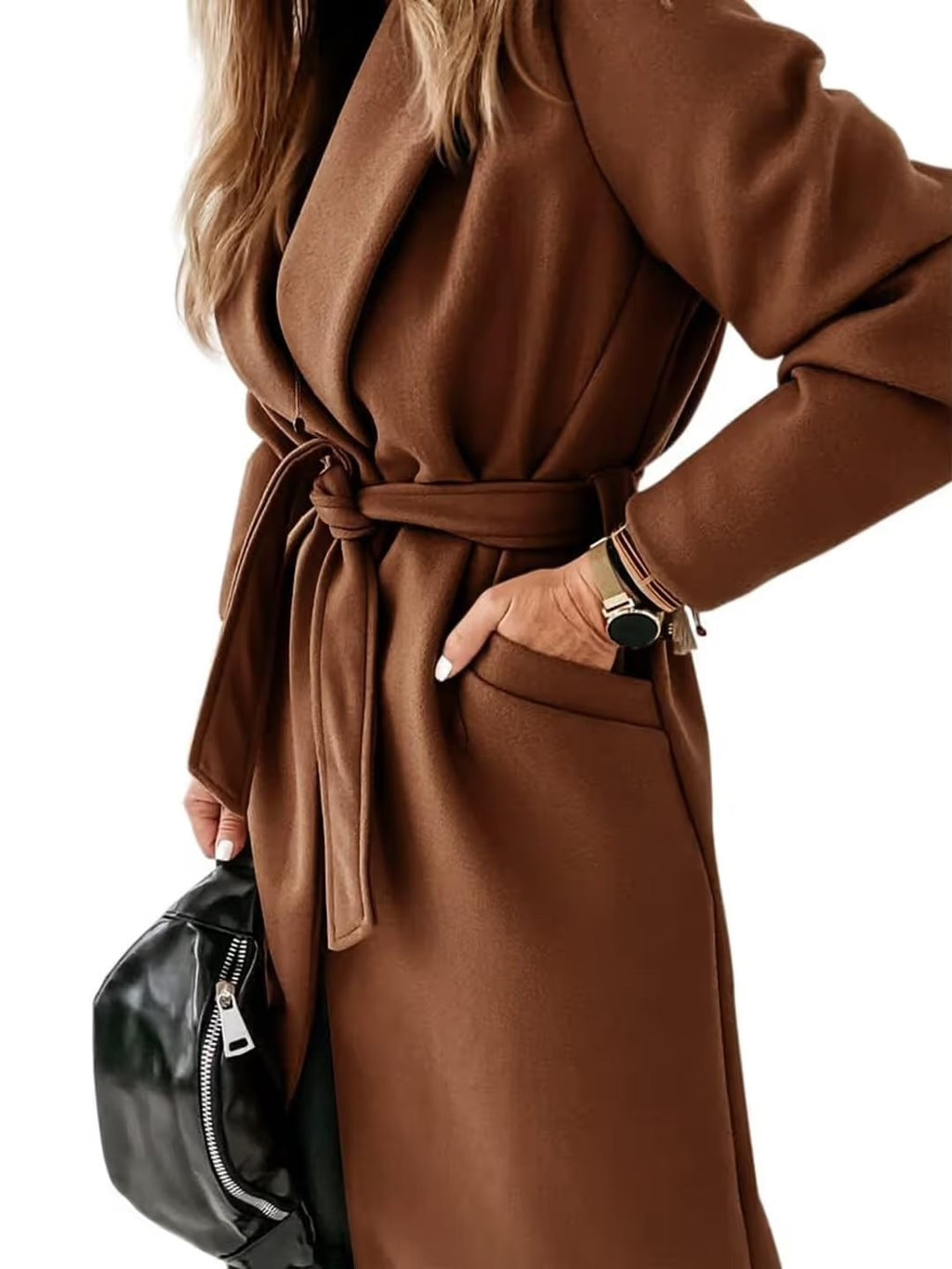 Cicy Bell Women's Notched Lapel Belted Long Coat Open Front Coffee Size 12