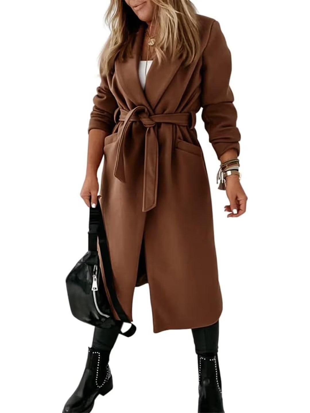 Cicy Bell Women's Notched Lapel Belted Long Coat Open Front Coffee Size 12