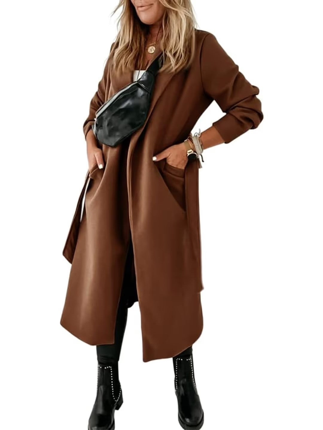 Cicy Bell Women's Notched Lapel Belted Long Coat Open Front Coffee Size 12