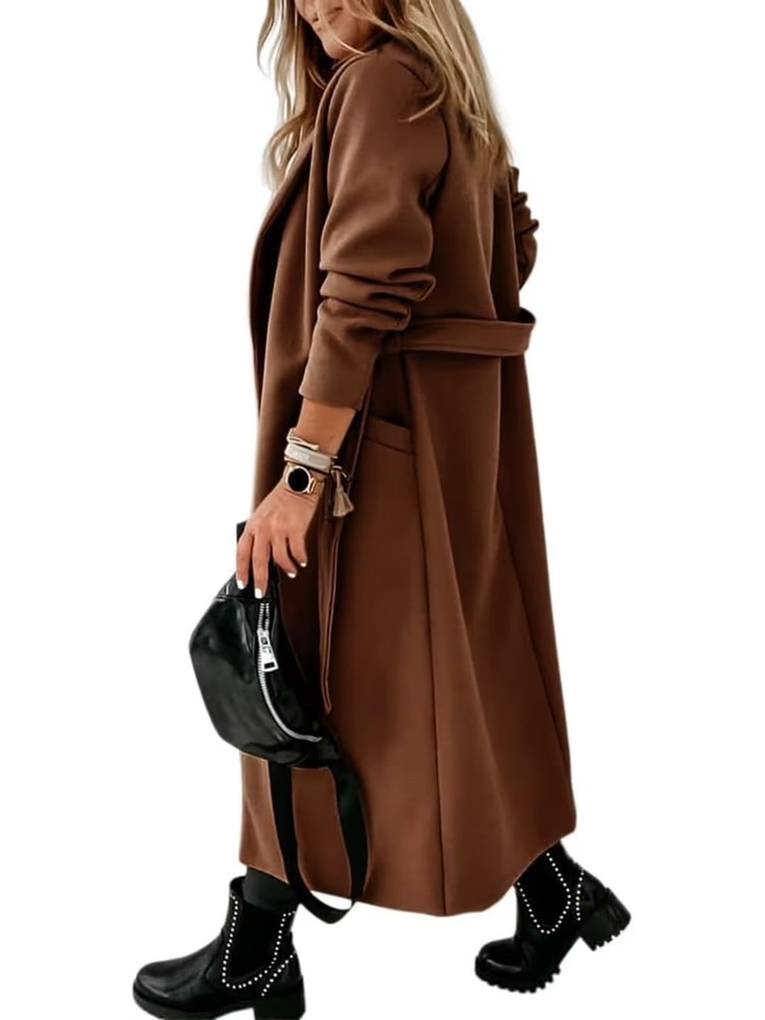 Cicy Bell Women's Notched Lapel Belted Long Coat Open Front Coffee Size 12