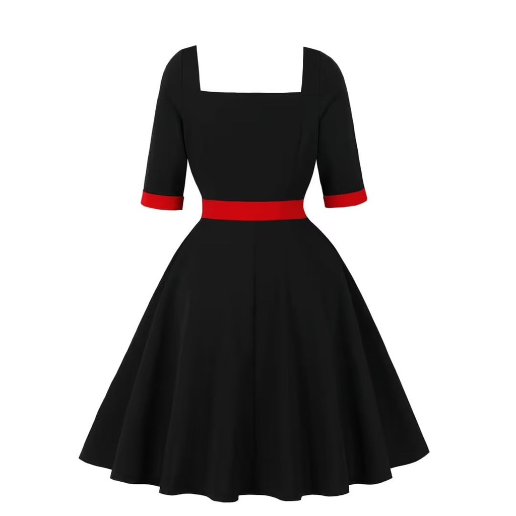 Women's Vintage Party Dress Half Sleeves Square Neck – Black XL