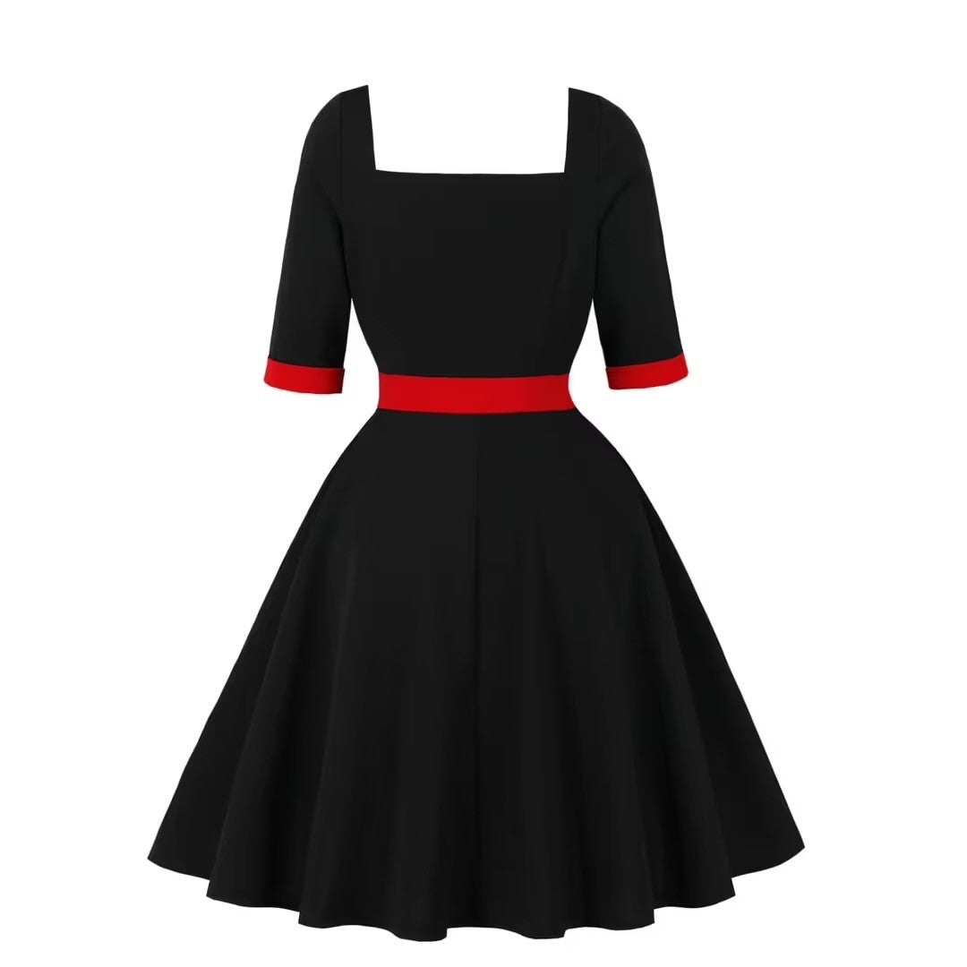 Women's Vintage Party Dress Half Sleeves Square Neck – Black XL
