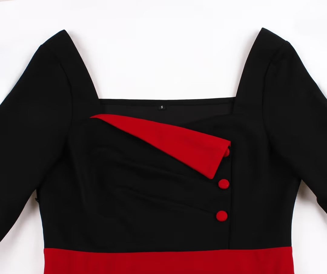 Women's Vintage Party Dress Half Sleeves Square Neck – Black XL